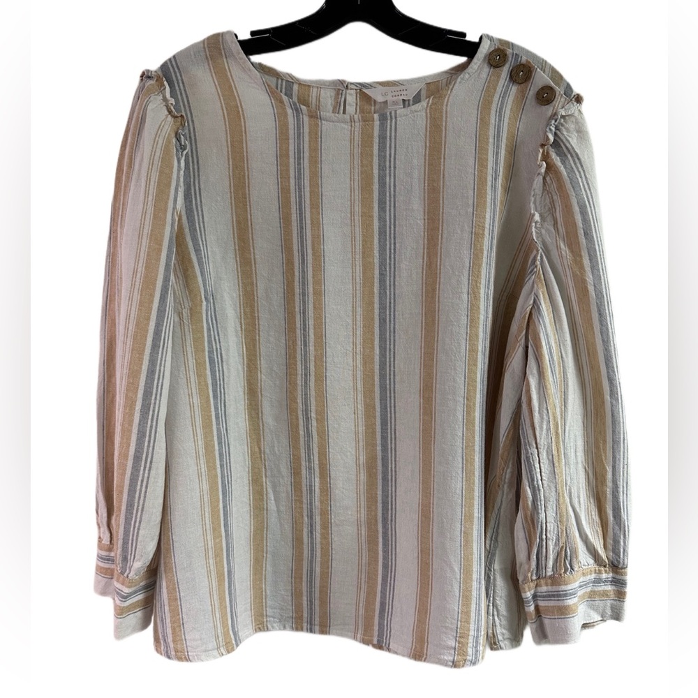 Lauren Conrad White Stripes Button Detail Linen Blend Top Size XL